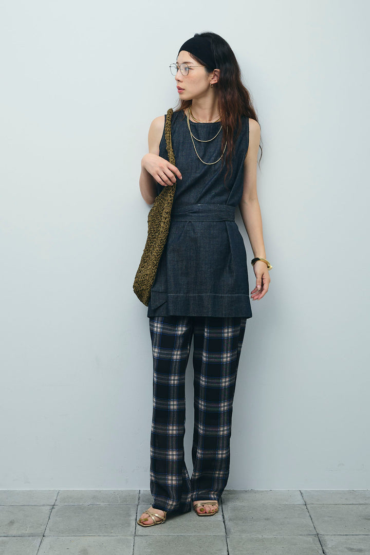 [予約/SET]ベルト付きミドル丈ブラウス+シアータータンチェックワイドパンツ(2set)