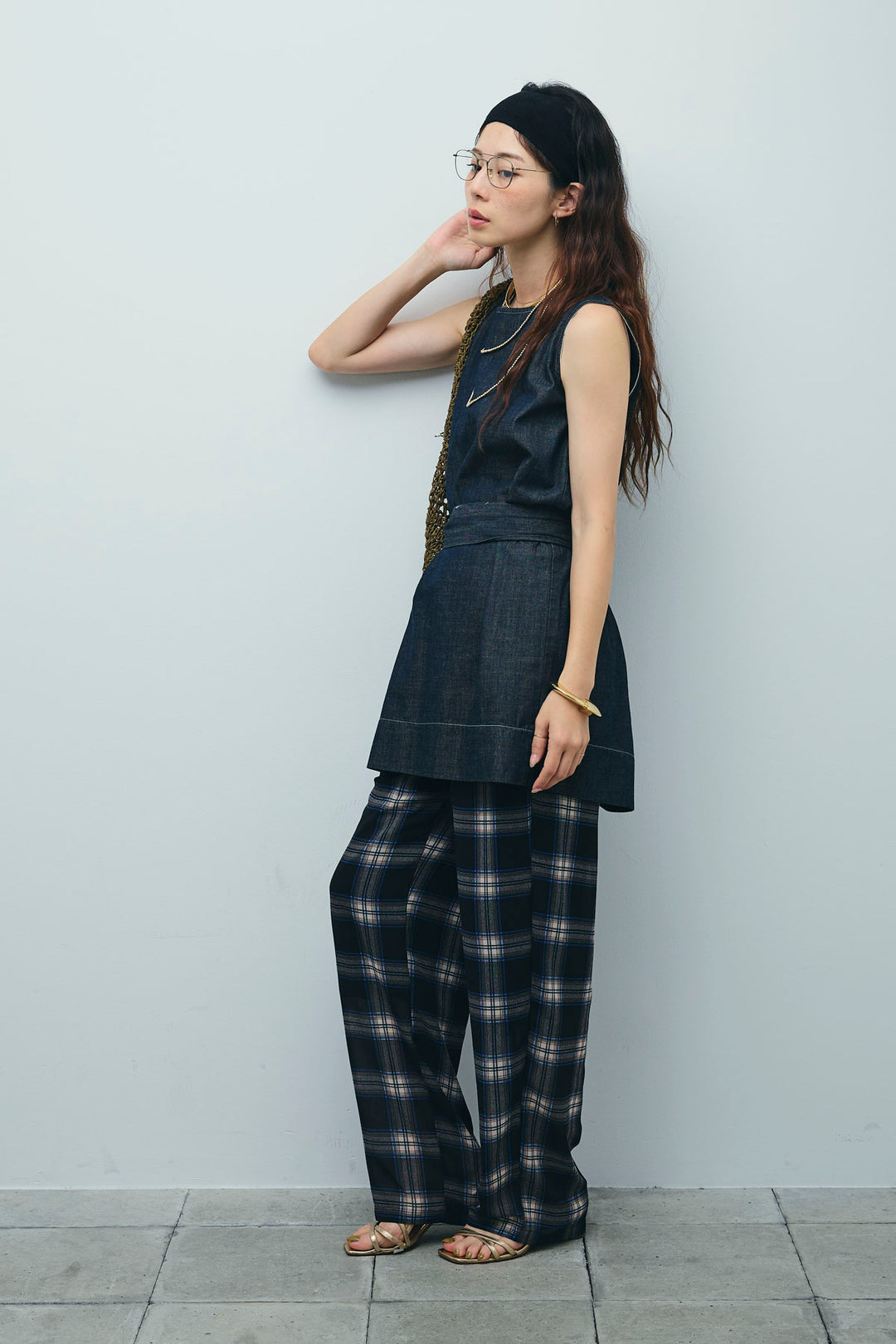 [予約/SET]ベルト付きミドル丈ブラウス+シアータータンチェックワイドパンツ(2set)