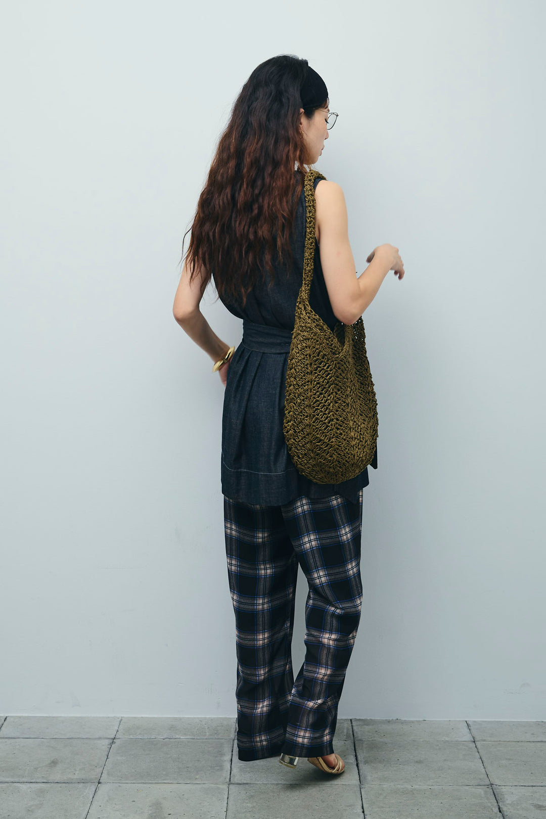 [予約/SET]ベルト付きミドル丈ブラウス+シアータータンチェックワイドパンツ(2set)