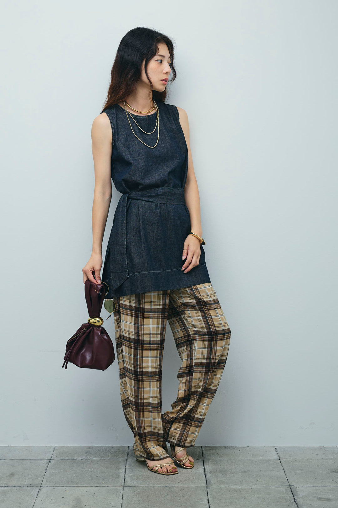 [予約/SET]ベルト付きミドル丈ブラウス+シアータータンチェックワイドパンツ(2set)