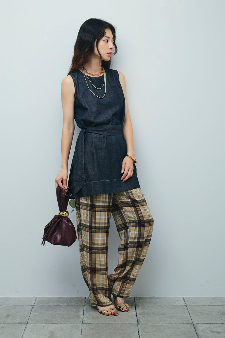 [予約/SET]ベルト付きミドル丈ブラウス+シアータータンチェックワイドパンツ(2set)