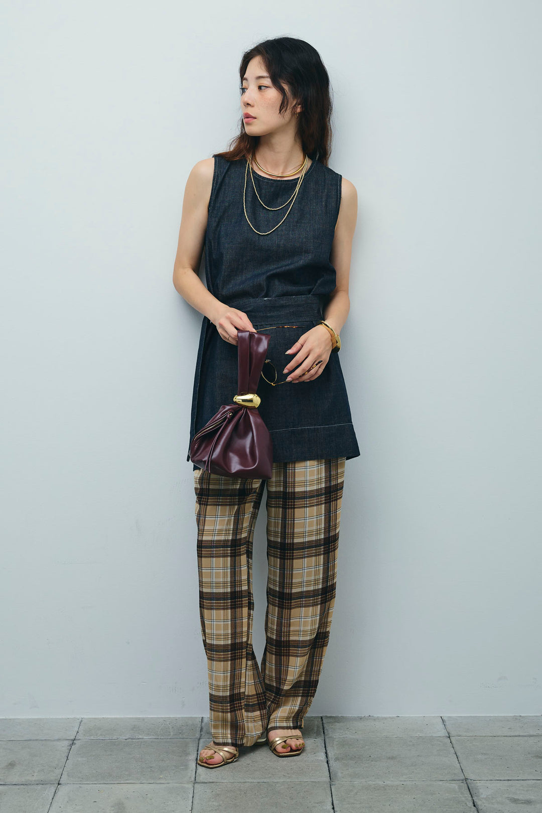 [予約/SET]ベルト付きミドル丈ブラウス+シアータータンチェックワイドパンツ(2set)