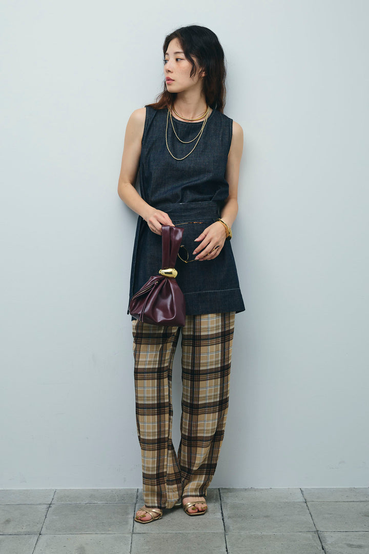 [予約/SET]ベルト付きミドル丈ブラウス+シアータータンチェックワイドパンツ(2set)