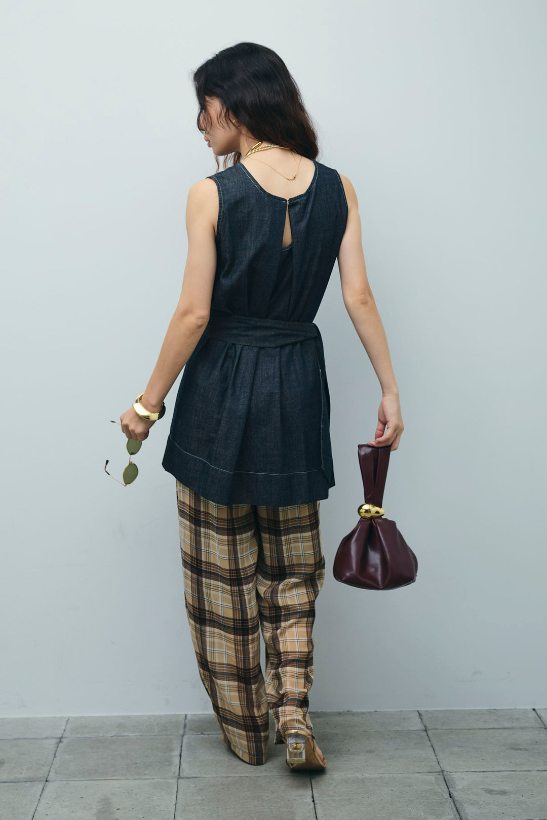 [予約/SET]ベルト付きミドル丈ブラウス+シアータータンチェックワイドパンツ(2set)