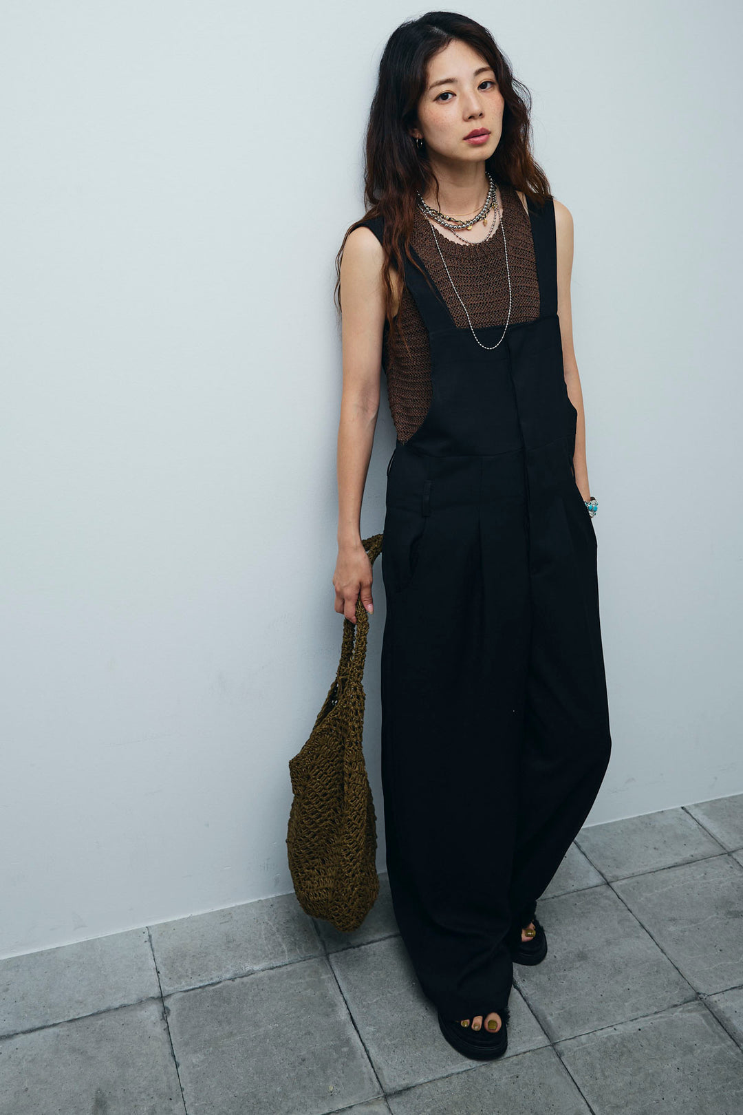 [予約/SET]サマーメッシュニットノースリーブトップス+ストレートラインサロペット(2set)