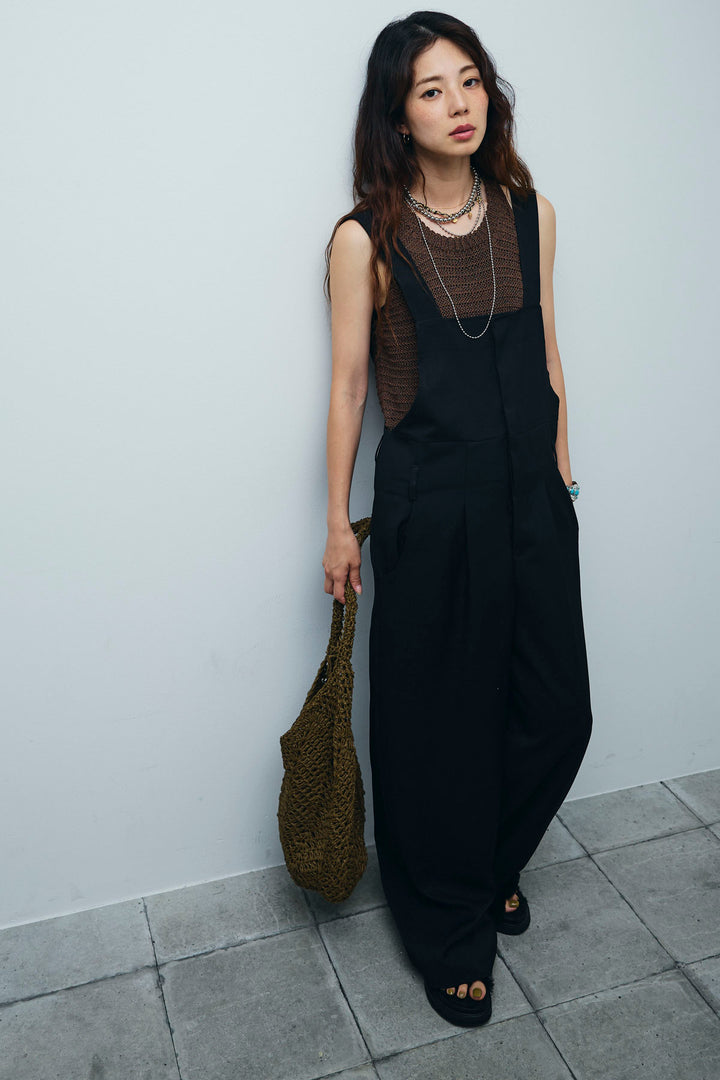 [予約/SET]サマーメッシュニットノースリーブトップス+ストレートラインサロペット(2set)