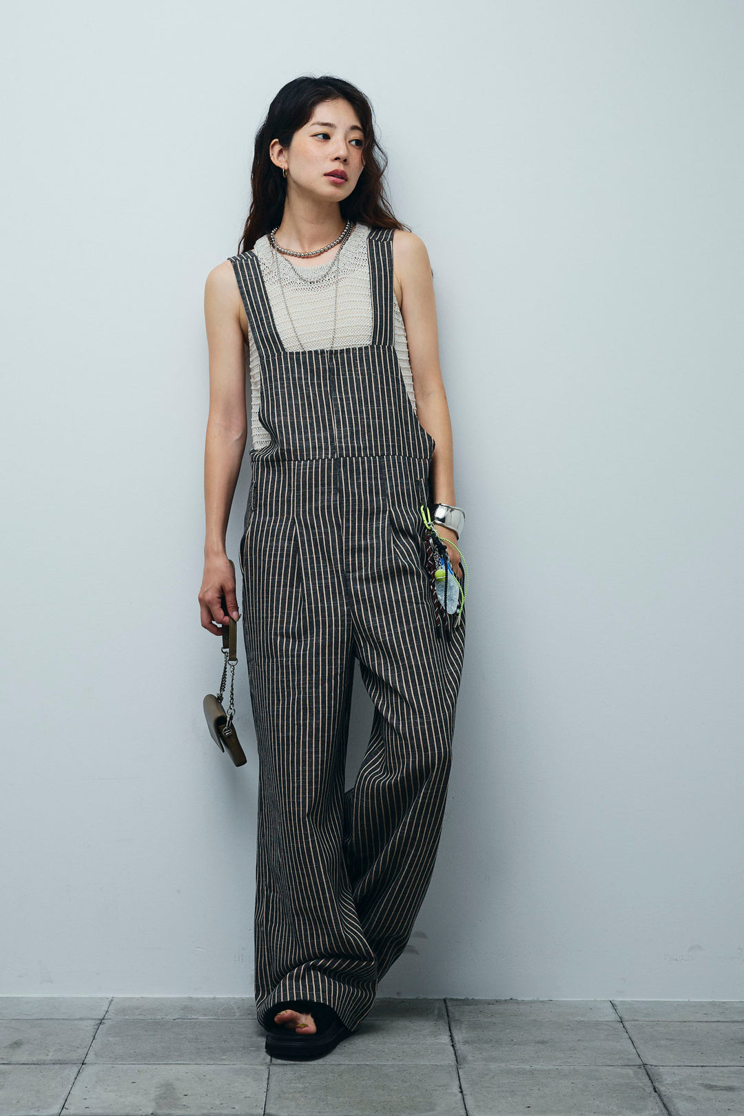 [予約/SET]サマーメッシュニットノースリーブトップス+ストレートラインサロペット(2set)