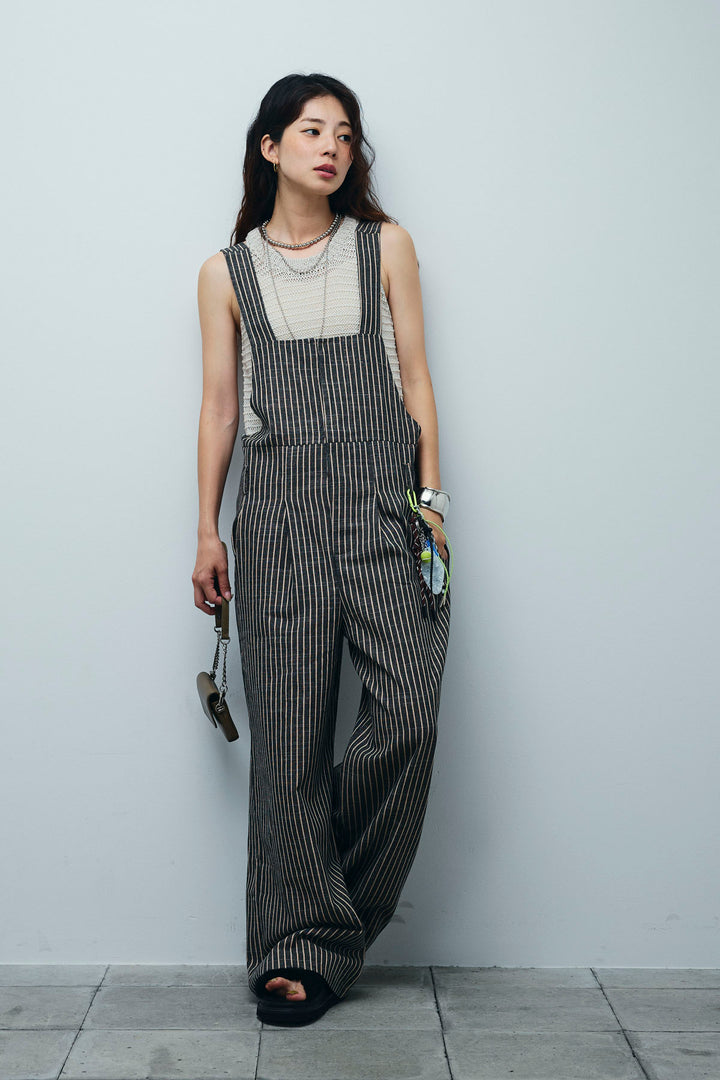 [予約/SET]サマーメッシュニットノースリーブトップス+ストレートラインサロペット(2set)