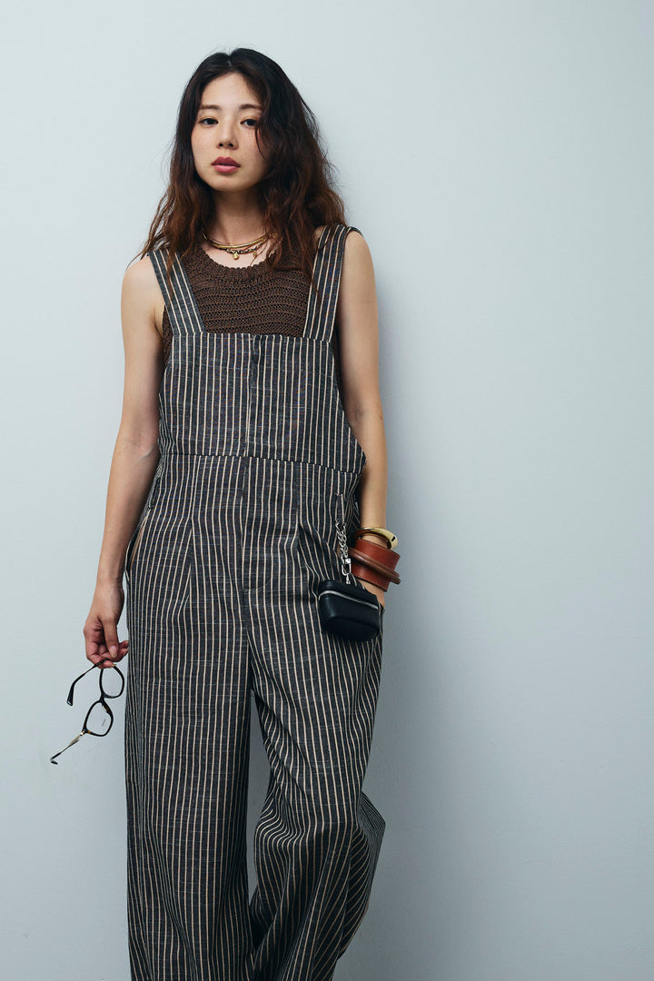 [予約/SET]サマーメッシュニットノースリーブトップス+ストレートラインサロペット(2set)