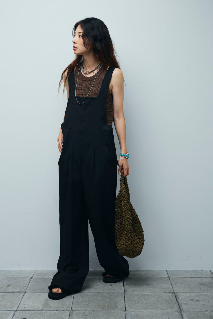 [予約/SET]サマーメッシュニットノースリーブトップス+ストレートラインサロペット(2set)