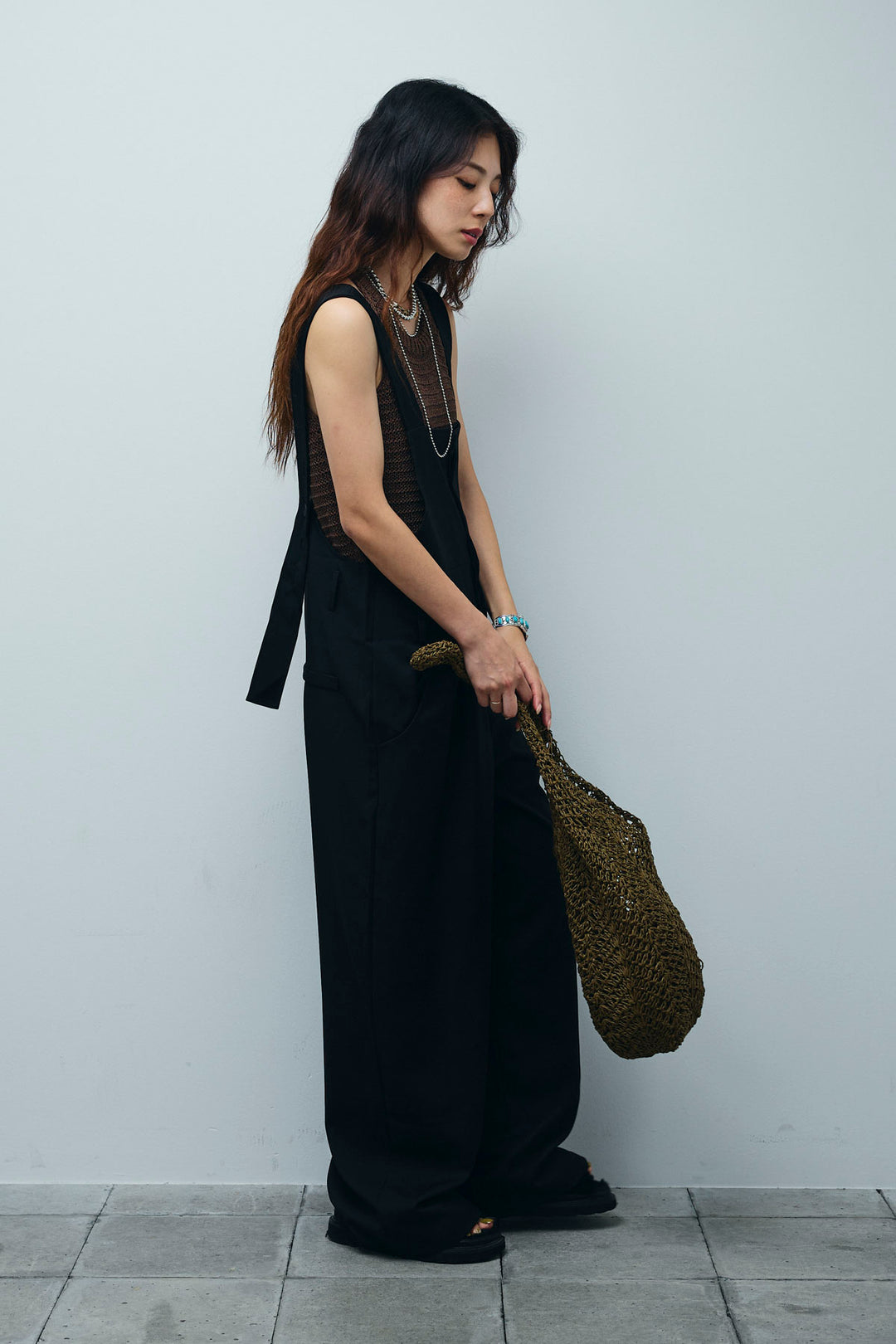 [予約/SET]サマーメッシュニットノースリーブトップス+ストレートラインサロペット(2set)