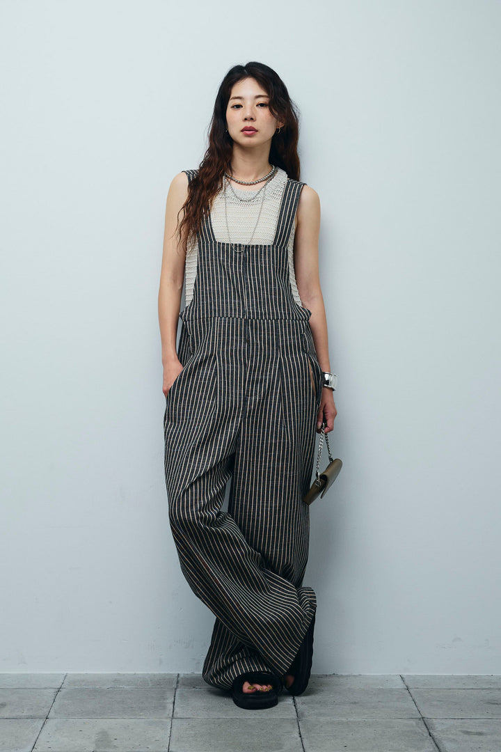 [予約/SET]サマーメッシュニットノースリーブトップス+ストレートラインサロペット(2set)