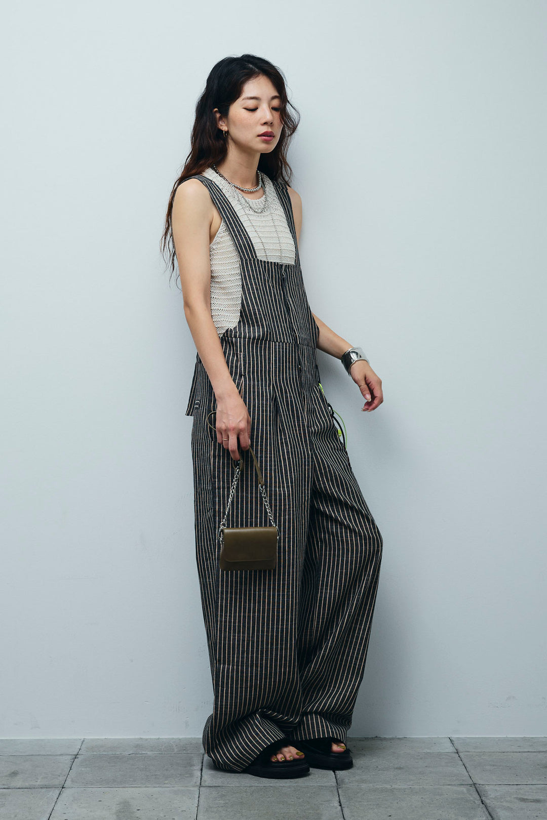 [予約/SET]サマーメッシュニットノースリーブトップス+ストレートラインサロペット(2set)