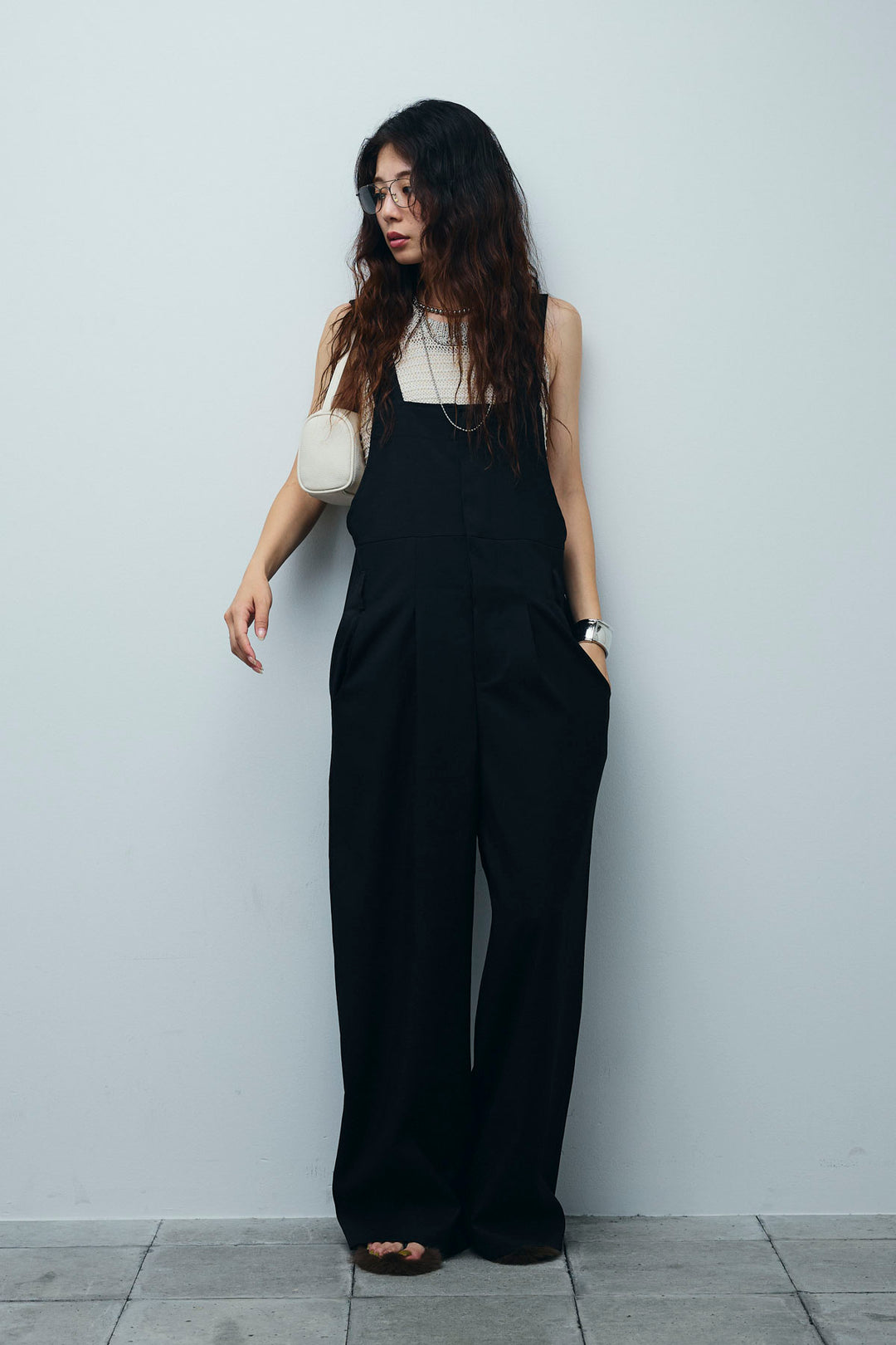 [予約/SET]サマーメッシュニットノースリーブトップス+ストレートラインサロペット(2set)