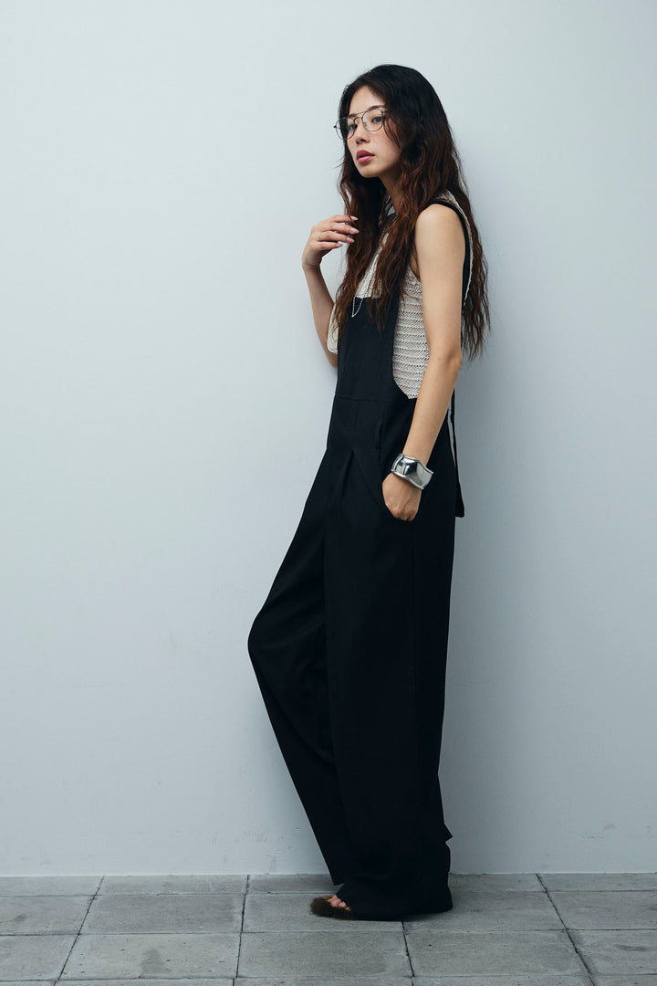 [予約/SET]サマーメッシュニットノースリーブトップス+ストレートラインサロペット(2set)