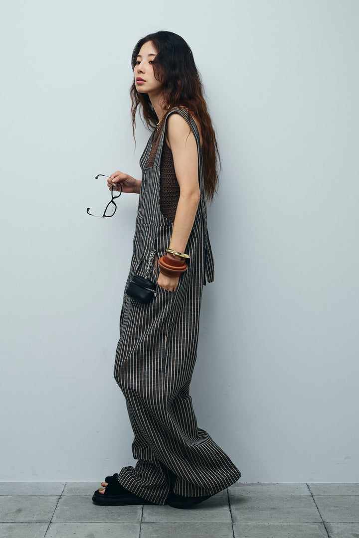 [予約/SET]サマーメッシュニットノースリーブトップス+ストレートラインサロペット(2set)