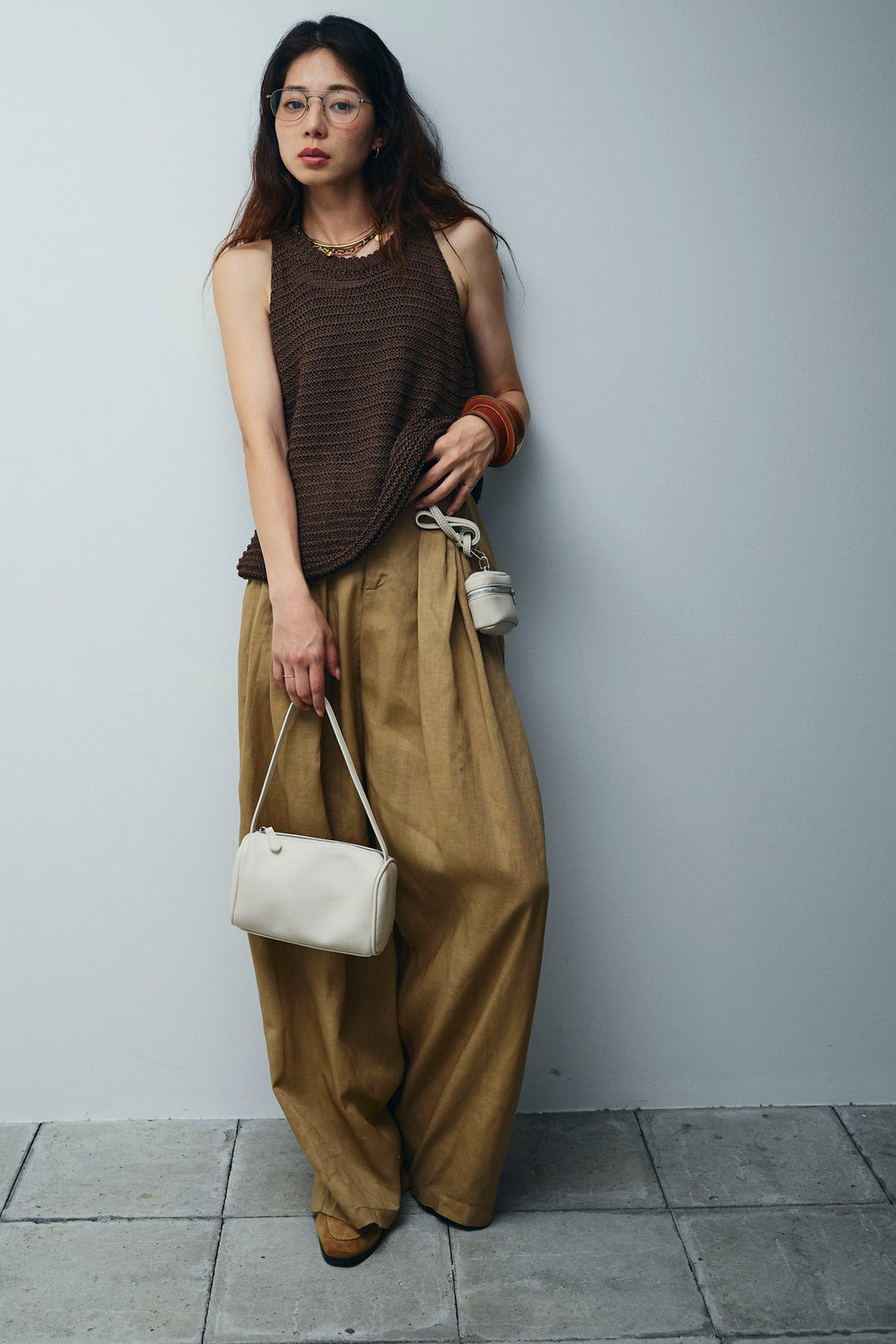 [予約/SET]サマーメッシュニットノースリーブトップス+リネンミックスウエストデザインワイドパンツ(2set)