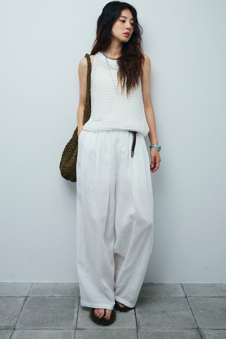 [予約/SET]サマーメッシュニットノースリーブトップス+リネンミックスウエストデザインワイドパンツ(2set)
