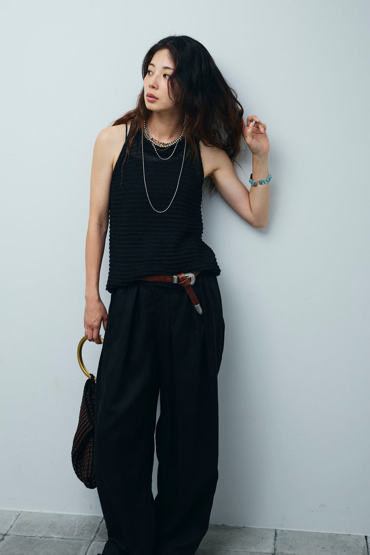 [予約/SET]サマーメッシュニットノースリーブトップス+リネンミックスウエストデザインワイドパンツ(2set)