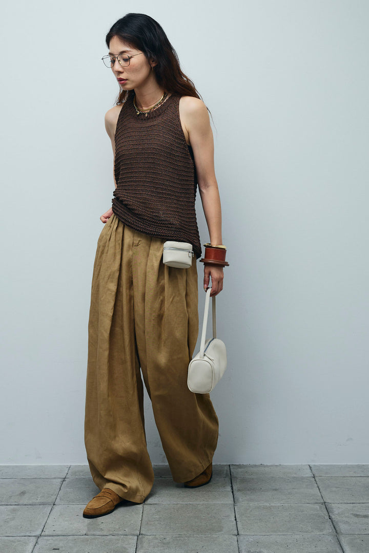 [予約/SET]サマーメッシュニットノースリーブトップス+リネンミックスウエストデザインワイドパンツ(2set)