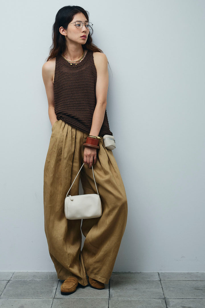 [予約/SET]サマーメッシュニットノースリーブトップス+リネンミックスウエストデザインワイドパンツ(2set)