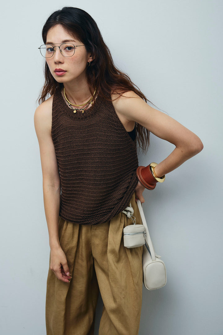 [予約/SET]サマーメッシュニットノースリーブトップス+リネンミックスウエストデザインワイドパンツ(2set)