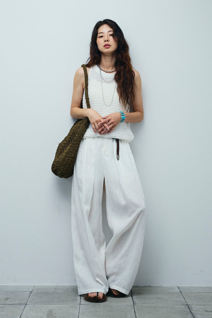 [予約/SET]サマーメッシュニットノースリーブトップス+リネンミックスウエストデザインワイドパンツ(2set)