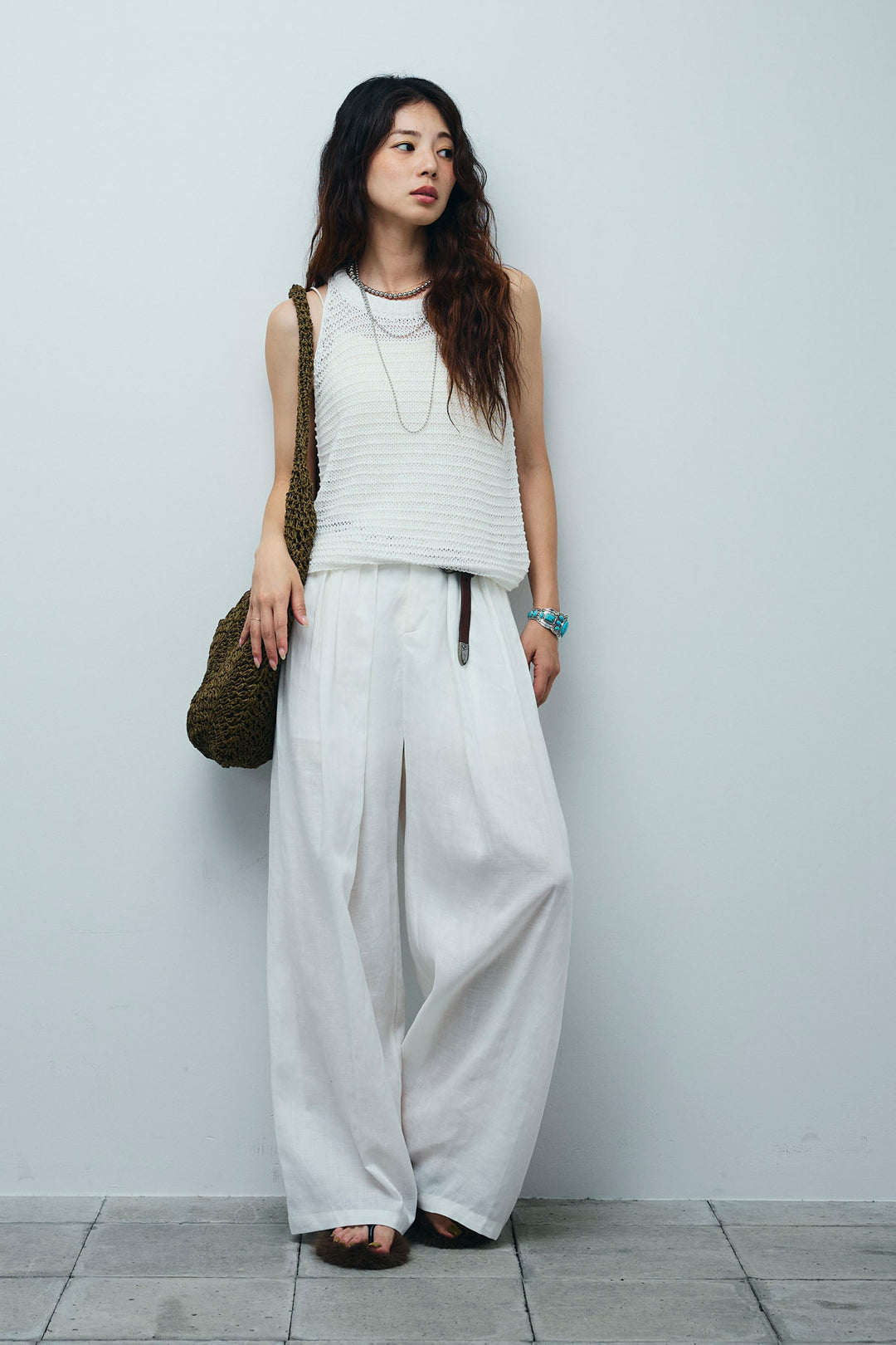 [予約/SET]サマーメッシュニットノースリーブトップス+リネンミックスウエストデザインワイドパンツ(2set)