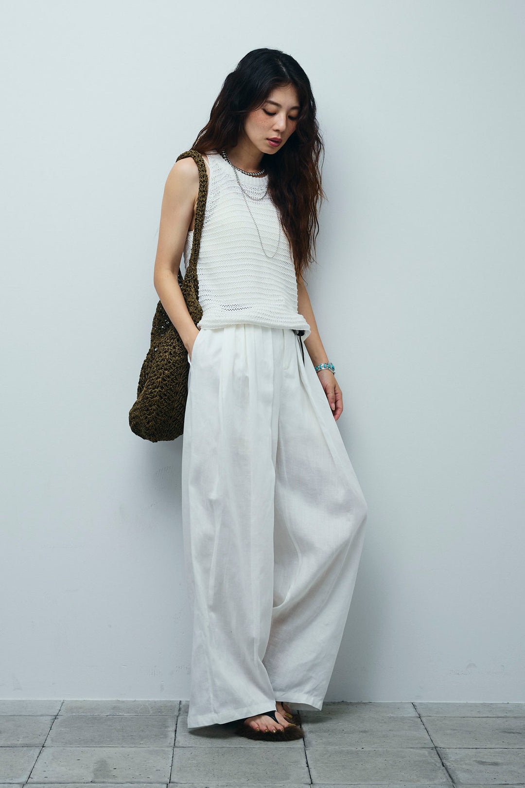 [予約/SET]サマーメッシュニットノースリーブトップス+リネンミックスウエストデザインワイドパンツ(2set)
