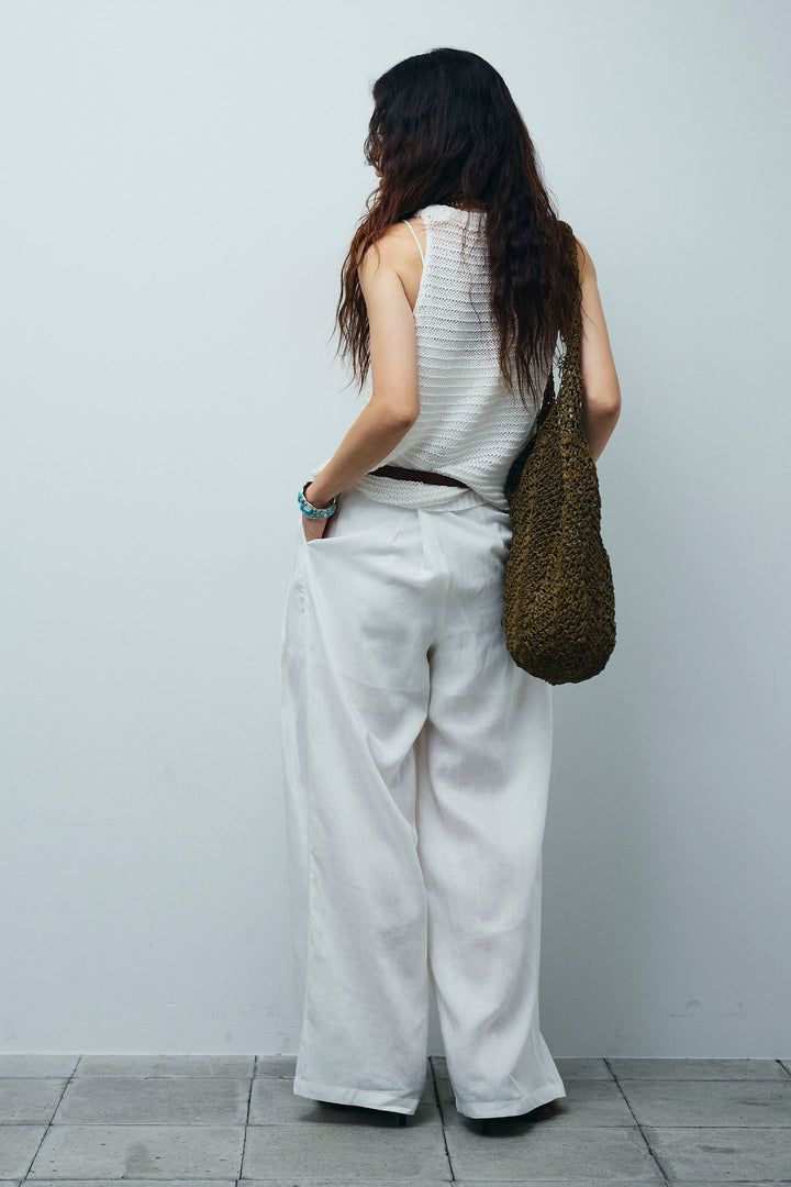 [予約/SET]サマーメッシュニットノースリーブトップス+リネンミックスウエストデザインワイドパンツ(2set)