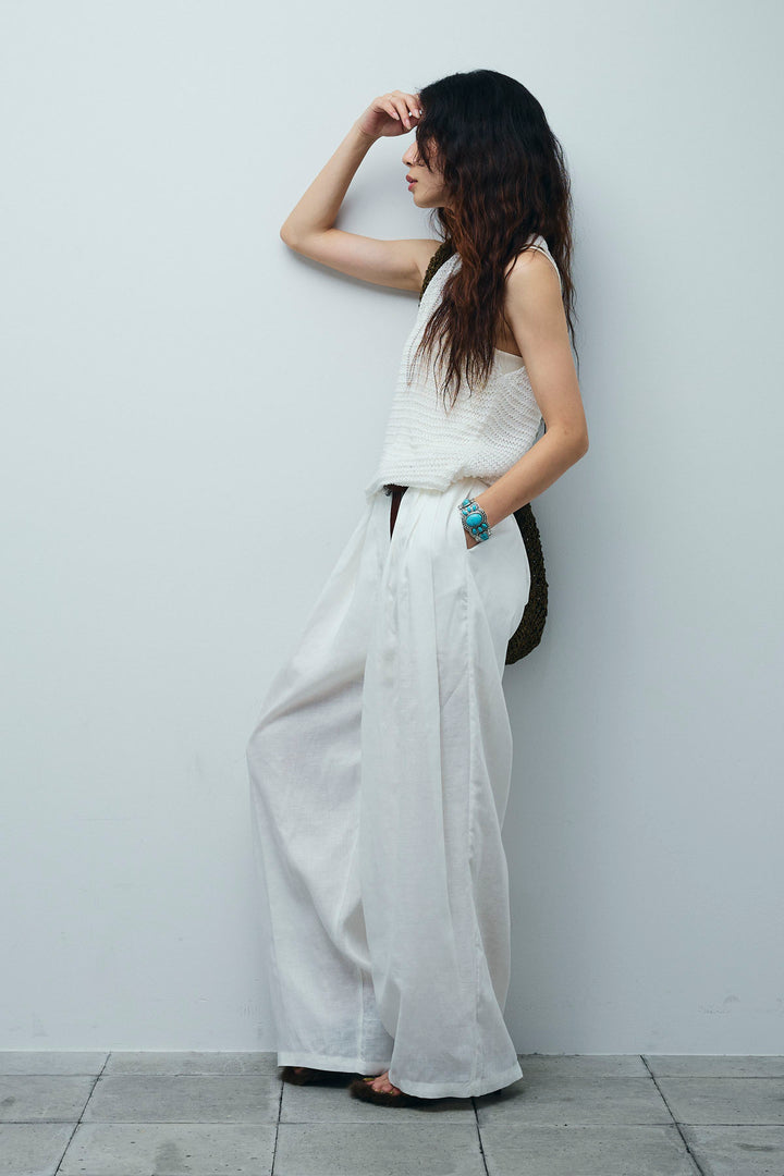 [予約/SET]サマーメッシュニットノースリーブトップス+リネンミックスウエストデザインワイドパンツ(2set)