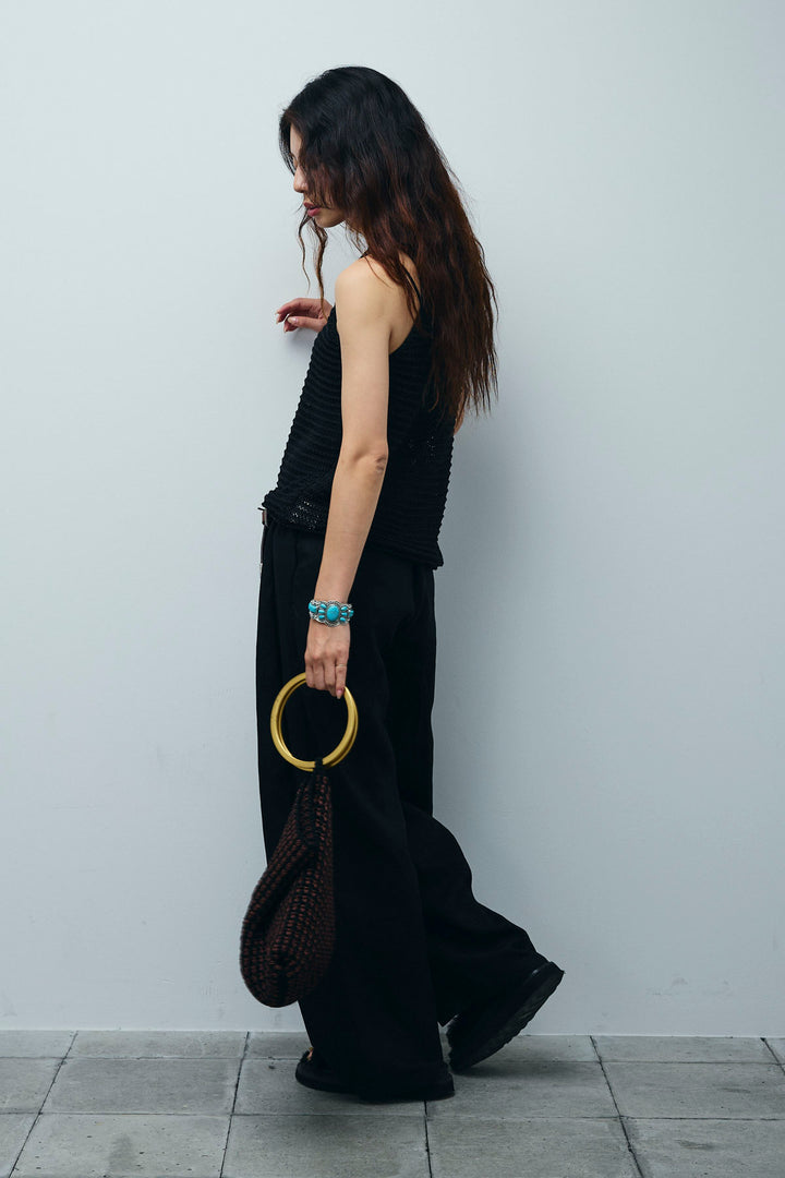 [予約/SET]サマーメッシュニットノースリーブトップス+リネンミックスウエストデザインワイドパンツ(2set)