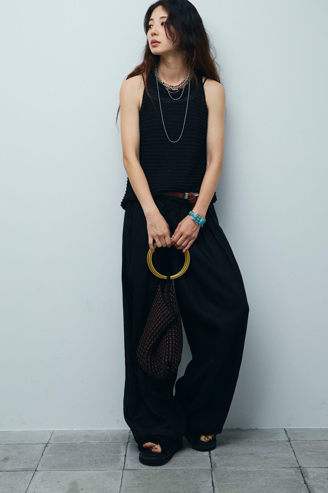 [予約/SET]サマーメッシュニットノースリーブトップス+リネンミックスウエストデザインワイドパンツ(2set)