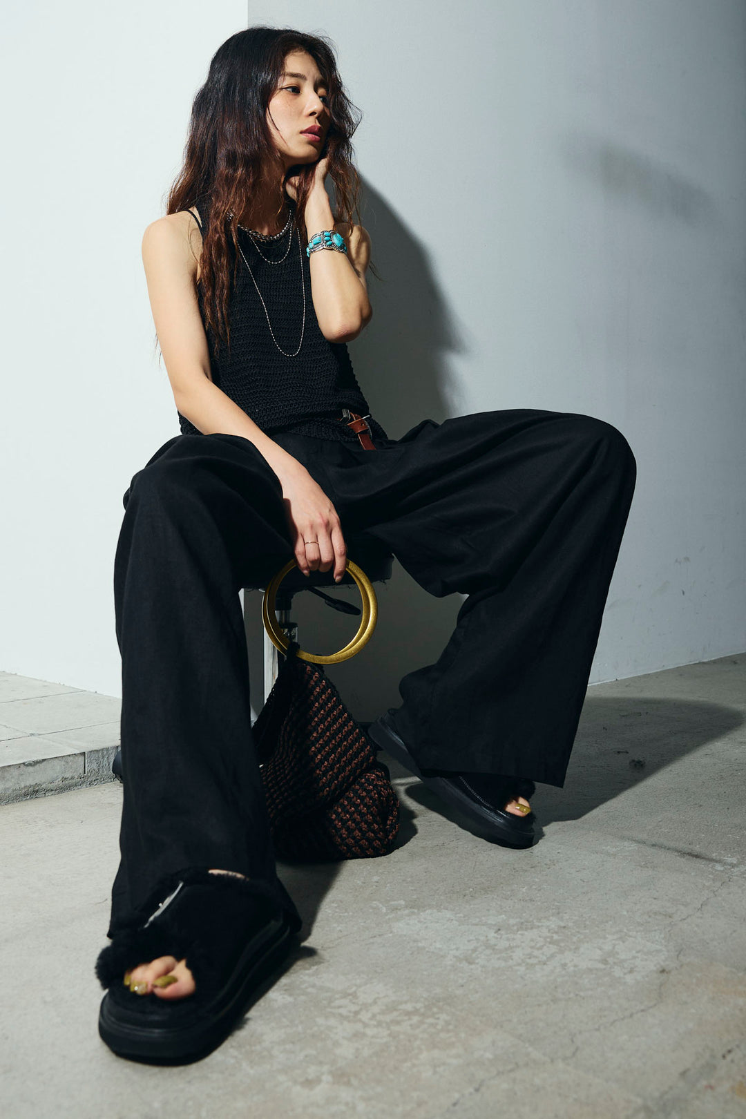 [予約/SET]サマーメッシュニットノースリーブトップス+リネンミックスウエストデザインワイドパンツ(2set)