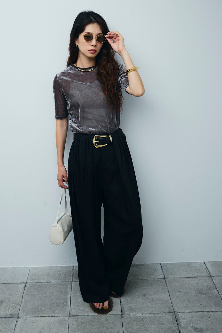 [予約/SET]シアーベロアハーフスリーブTOPS+リネンミックスウエストデザインワイドパンツ(2set)