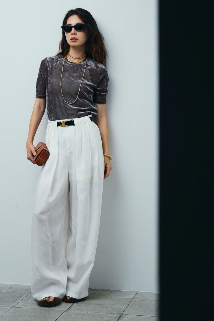 [予約]リネンミックスウエストデザインワイドパンツ