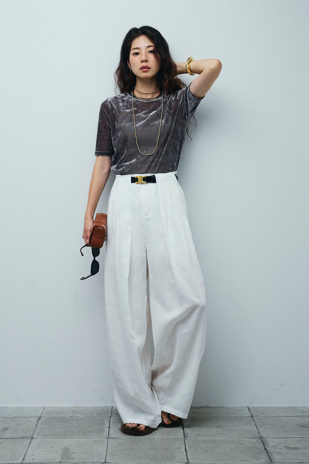 [予約/SET]シアーベロアハーフスリーブTOPS+リネンミックスウエストデザインワイドパンツ(2set)