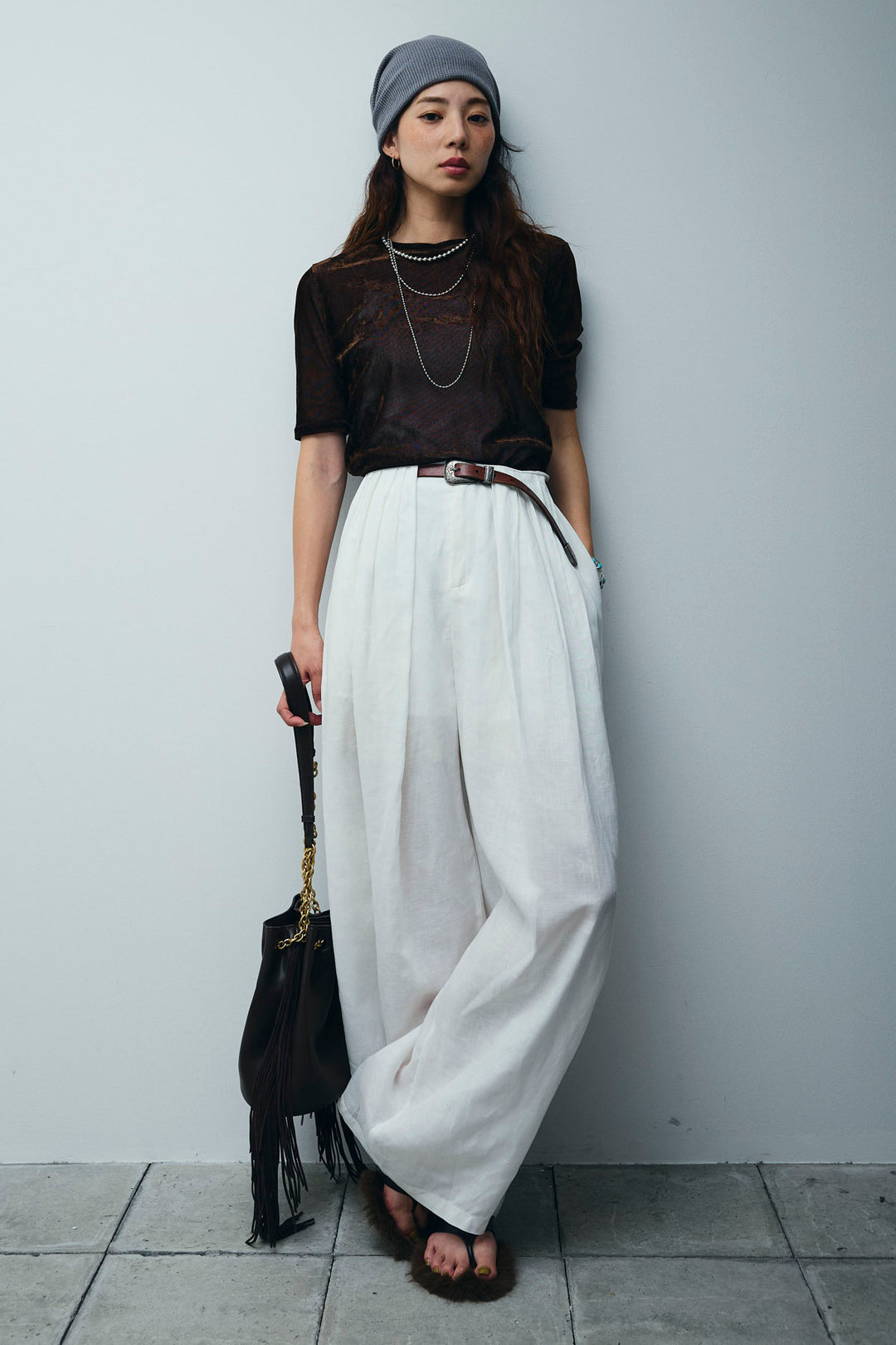 [予約/SET]シアーベロアハーフスリーブTOPS+リネンミックスウエストデザインワイドパンツ(2set)