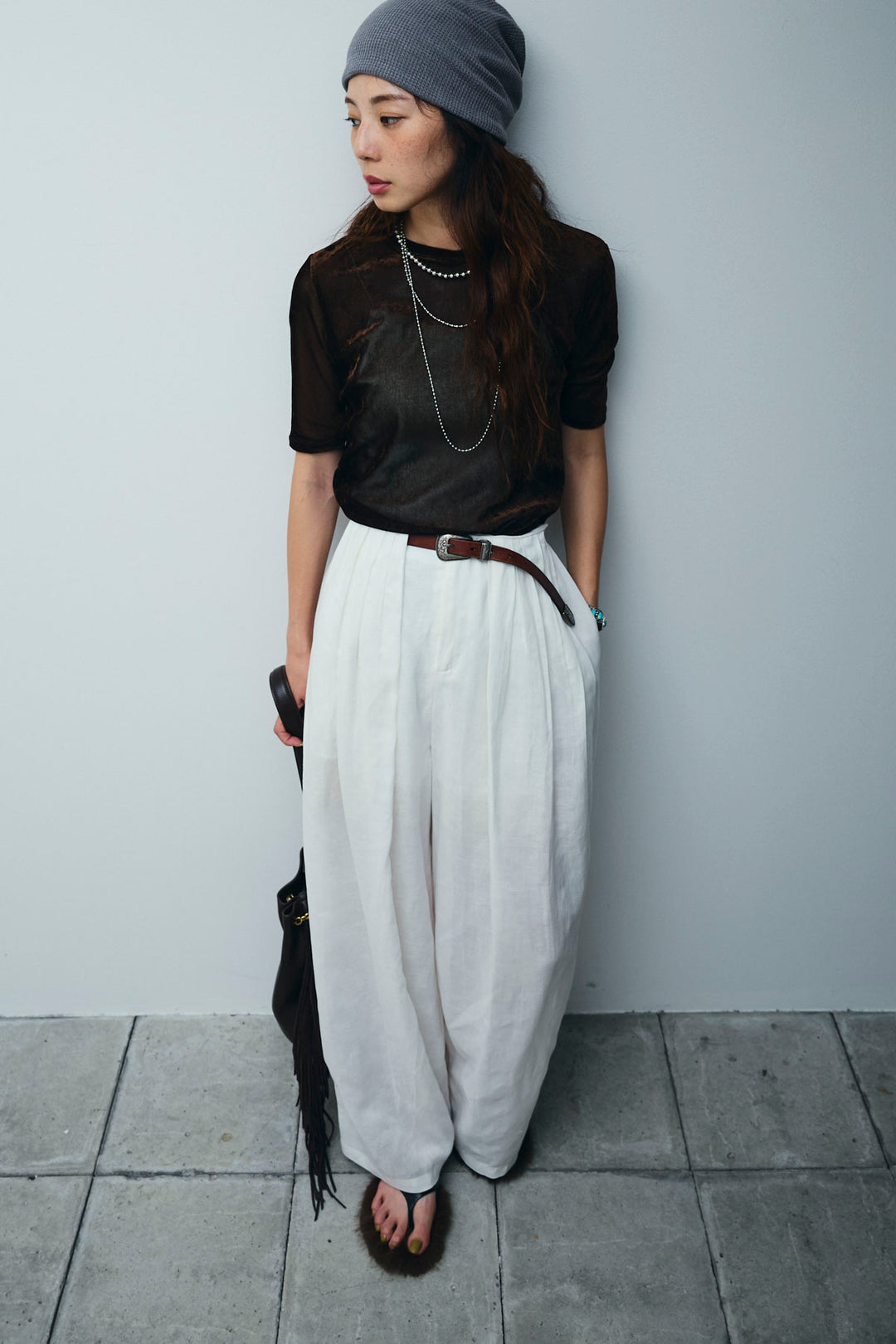 [予約/SET]シアーベロアハーフスリーブTOPS+リネンミックスウエストデザインワイドパンツ(2set)