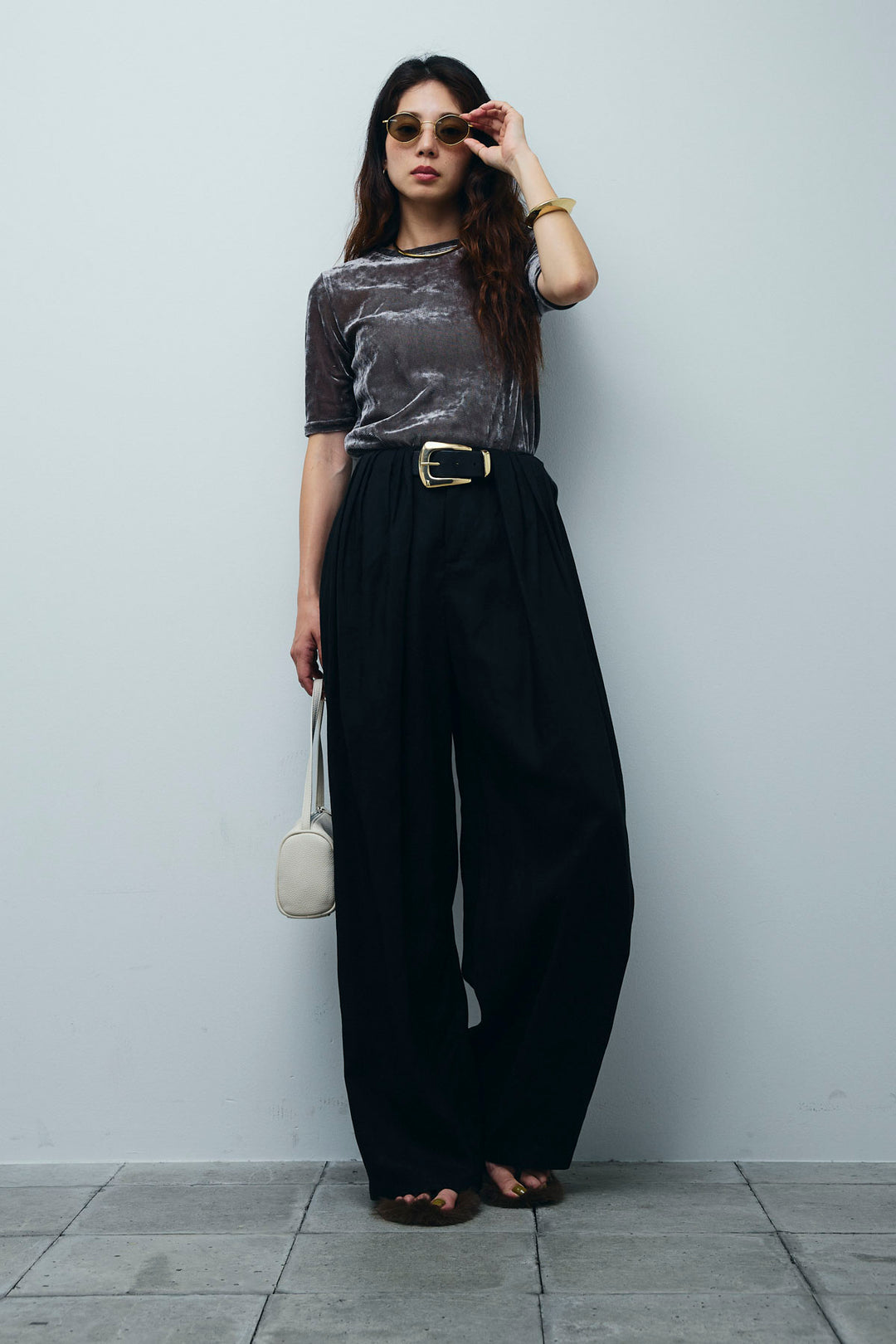 [予約/SET]シアーベロアハーフスリーブTOPS+リネンミックスウエストデザインワイドパンツ(2set)