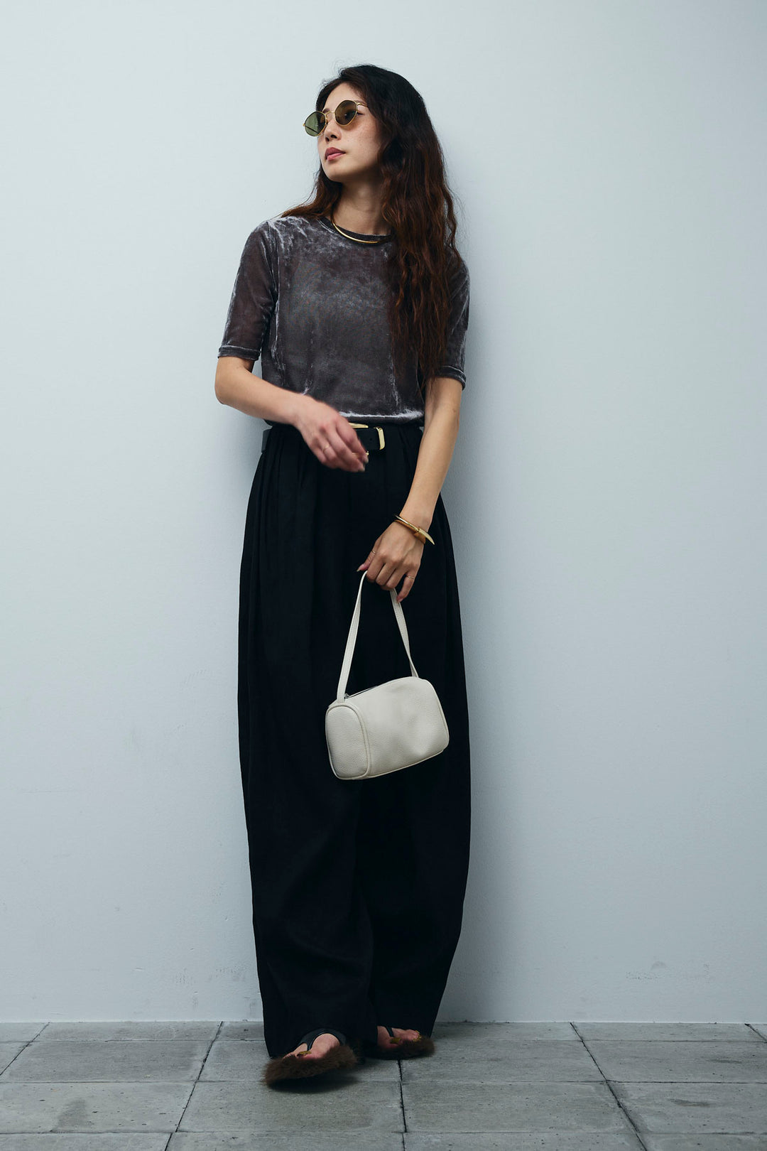 [予約/SET]シアーベロアハーフスリーブTOPS+リネンミックスウエストデザインワイドパンツ(2set)