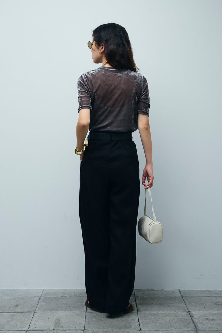 [予約/SET]シアーベロアハーフスリーブTOPS+リネンミックスウエストデザインワイドパンツ(2set)