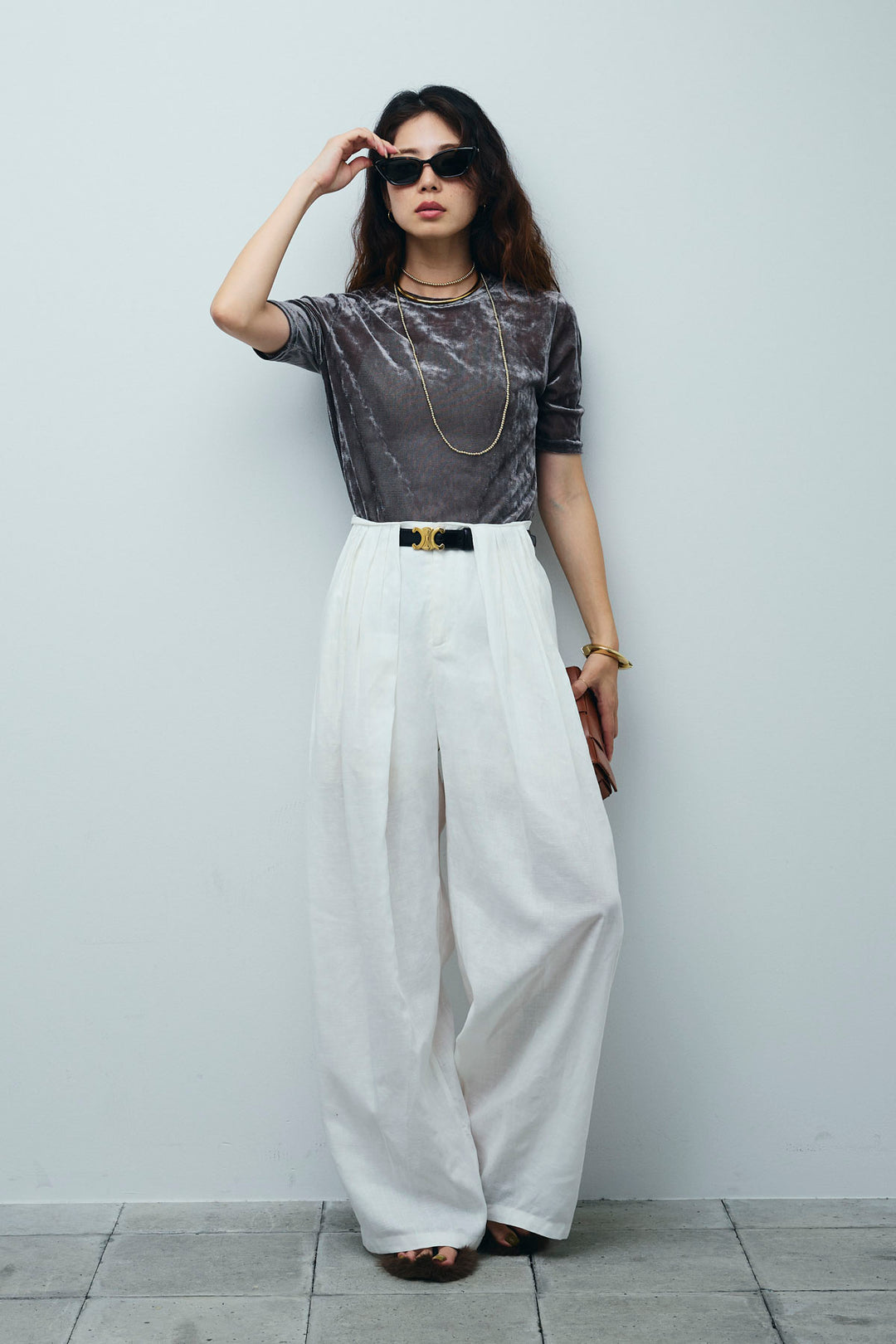 [予約/SET]シアーベロアハーフスリーブTOPS+リネンミックスウエストデザインワイドパンツ(2set)