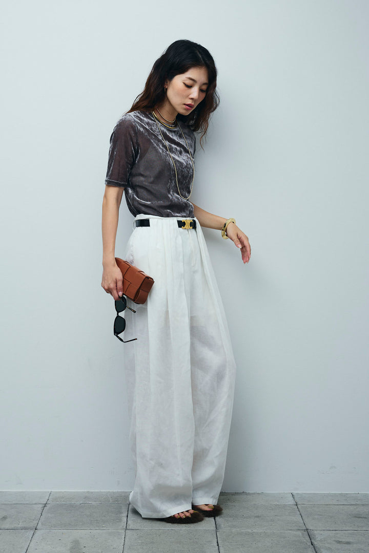 [予約/SET]シアーベロアハーフスリーブTOPS+リネンミックスウエストデザインワイドパンツ(2set)