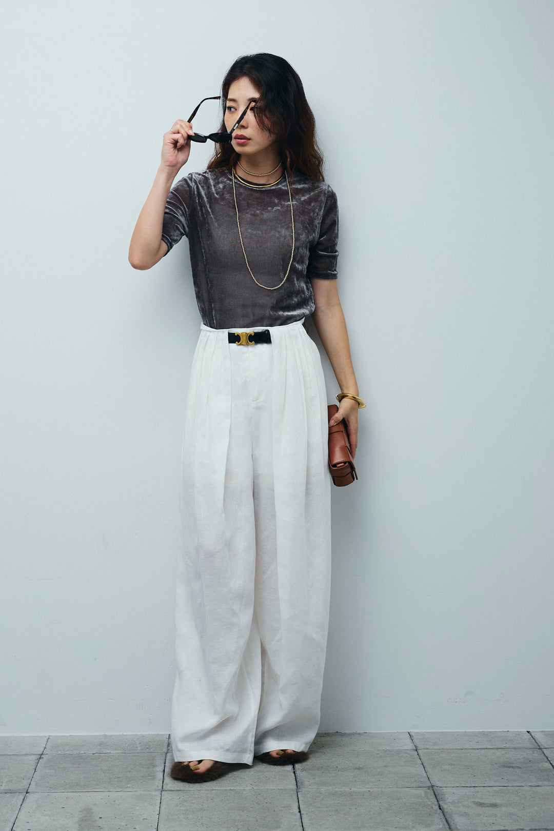 [予約/SET]シアーベロアハーフスリーブTOPS+リネンミックスウエストデザインワイドパンツ(2set)