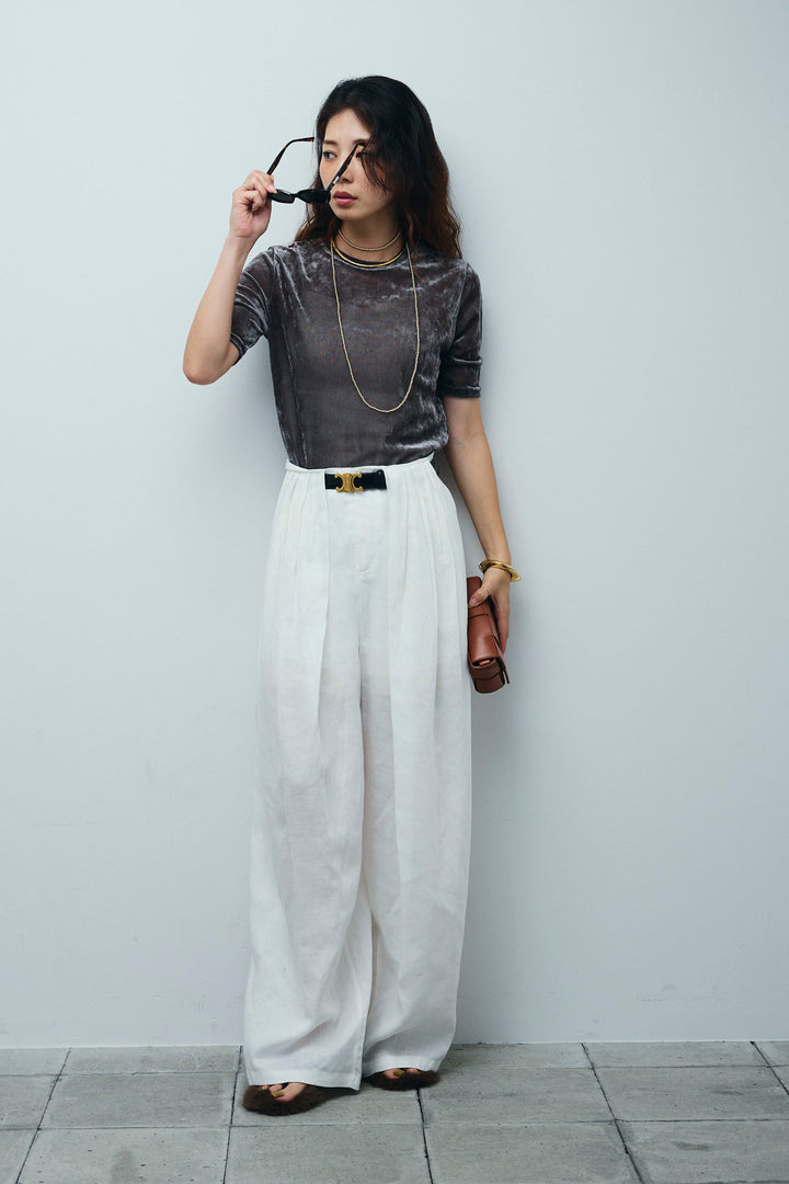 [予約/SET]シアーベロアハーフスリーブTOPS+リネンミックスウエストデザインワイドパンツ(2set)