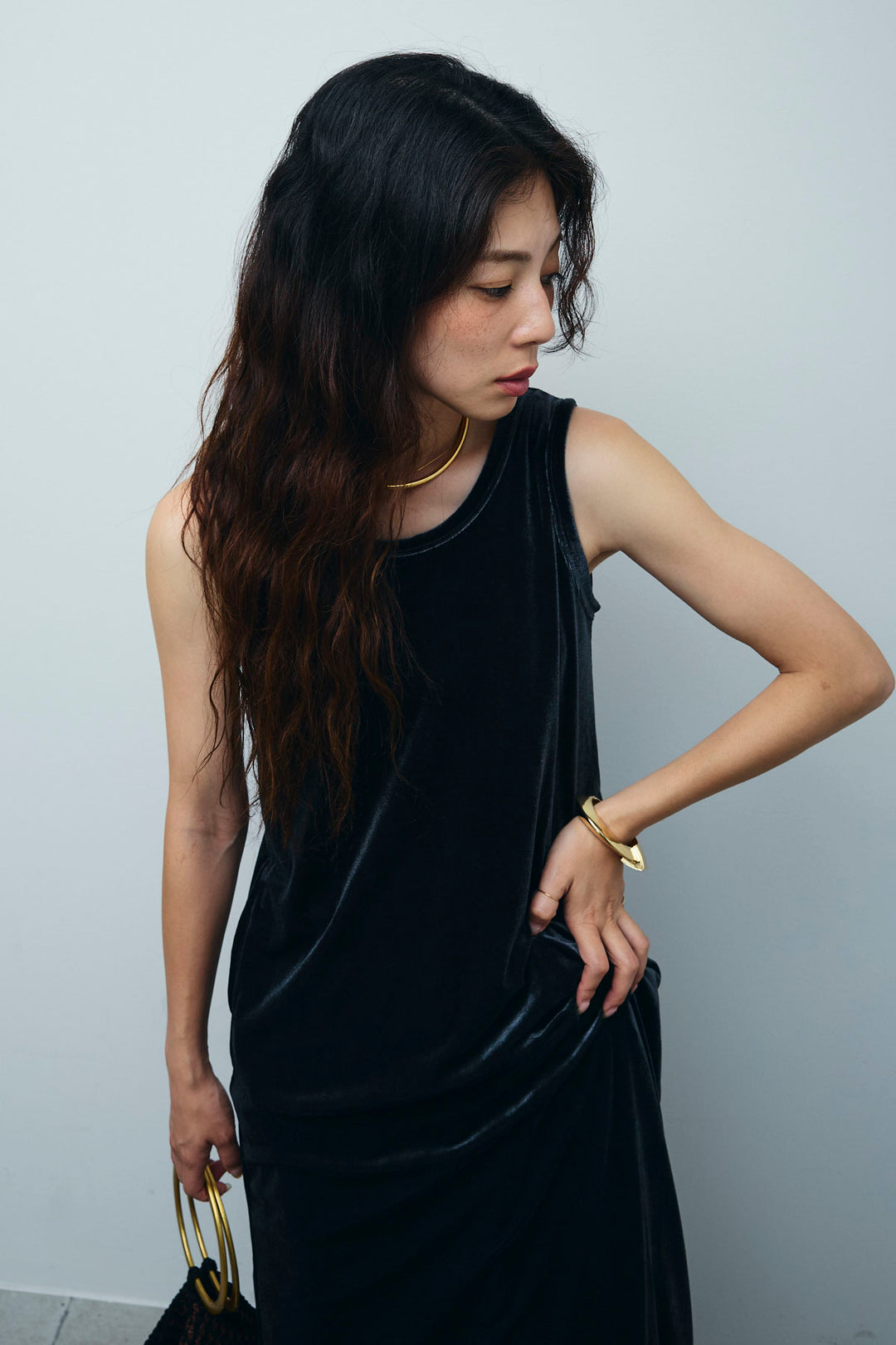 [予約/SET]ベロアロングOP+ペインターカーブデニムパンツ(2set)