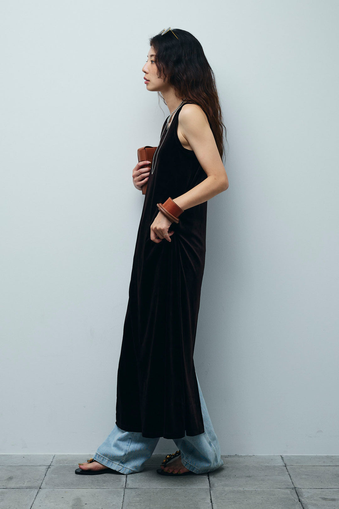 [予約/SET]ベロアロングOP+ペインターカーブデニムパンツ(2set)