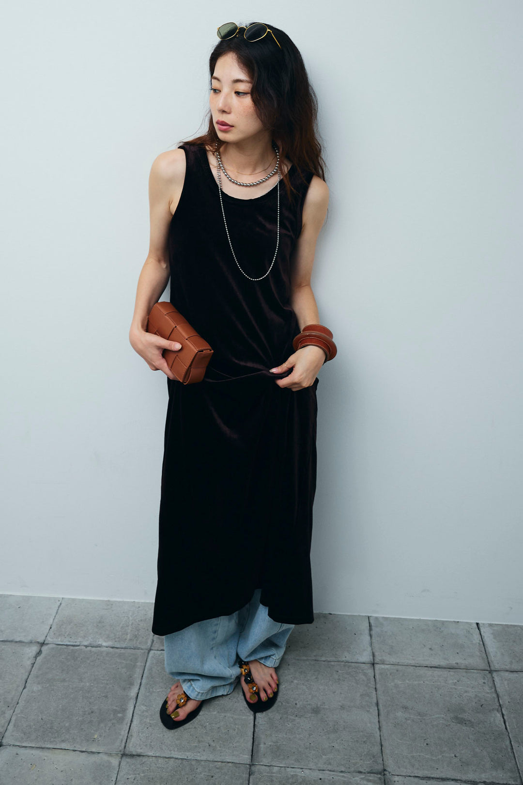 [予約/SET]ベロアロングOP+ペインターカーブデニムパンツ(2set)