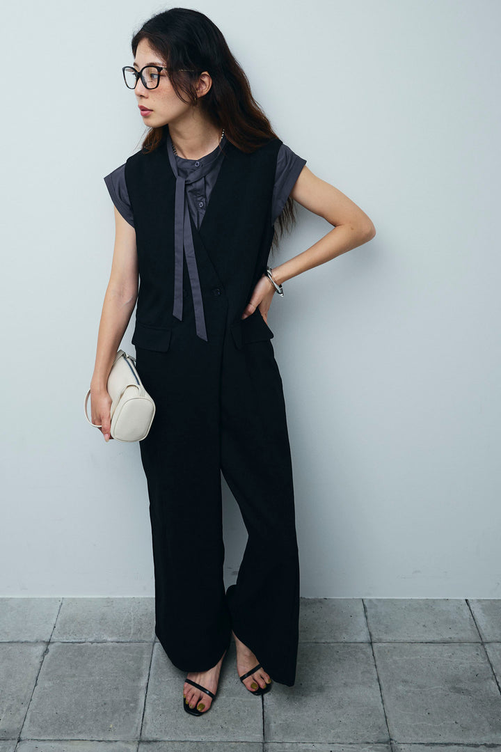 [予約/SET]ボウタイノースリティアードブラウス+リネンライクオールインワン(2set)